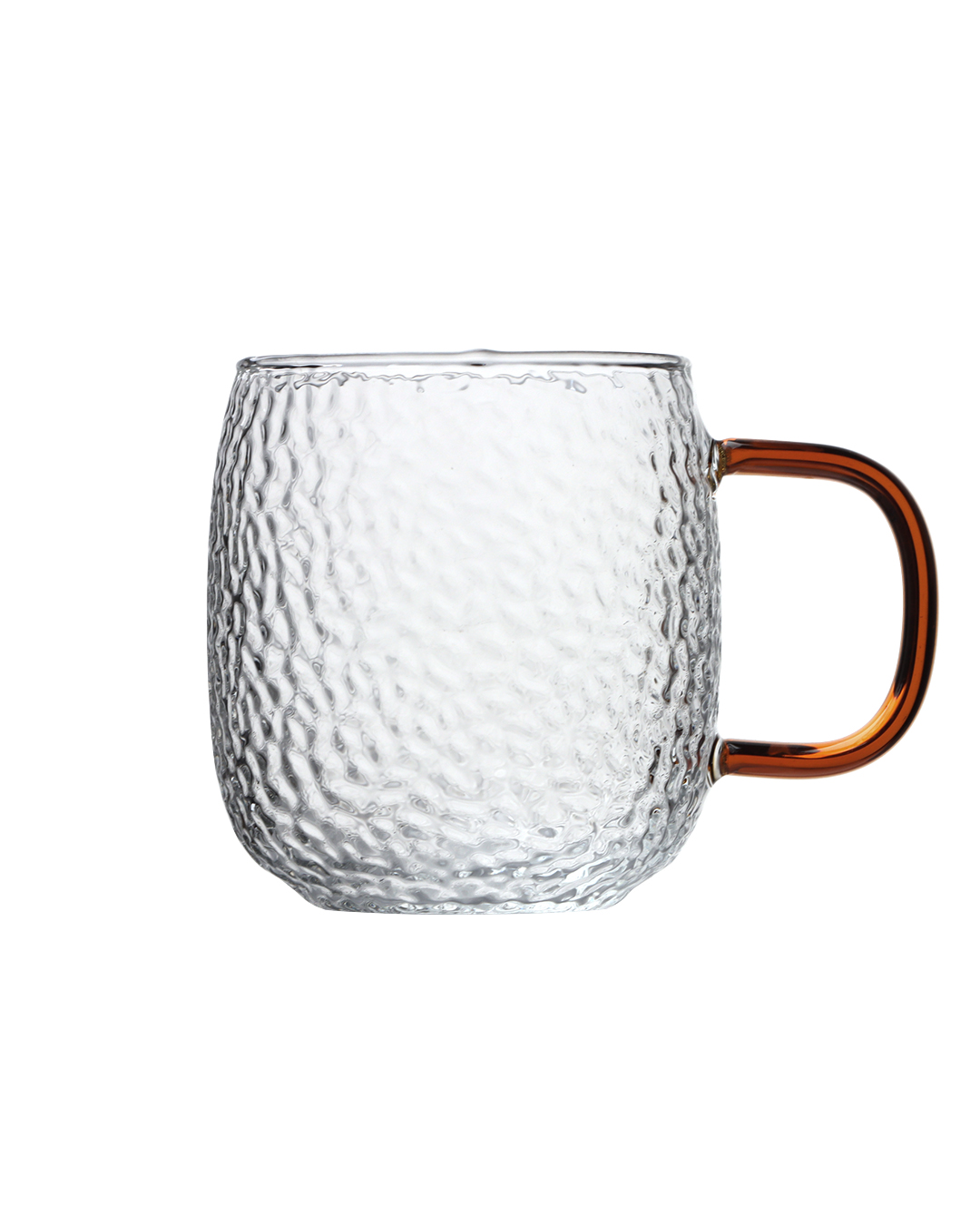 Tazza in vetro, bicchiere in borosilicato 330 ml - Caldi Rigo - trasparente, struttura a bolle, manico color ambra