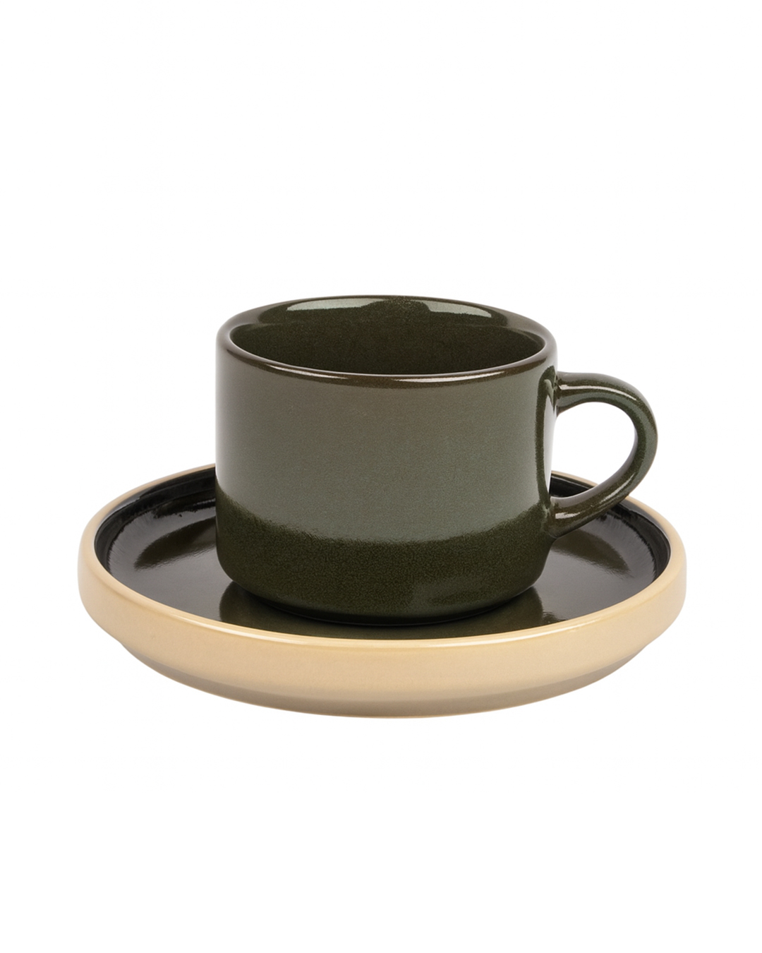 Set di tazze con piattini - Tondo Verde - set da caffè per 2 persone, verde scuro, oliva con accenti beige