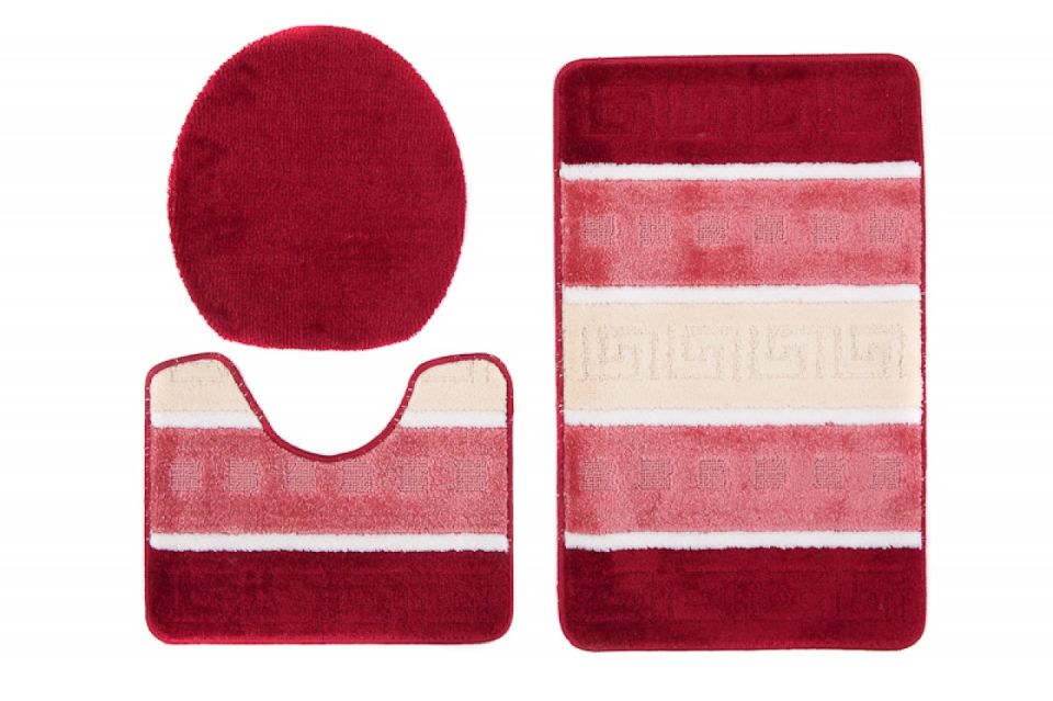 Set di 3 tappetini da bagno MULTI C5016 RED - antiscivolo, a righe, rosso, crema