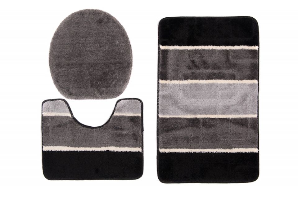 Set di 3 tappetini da bagno MULTI C5020 BLACK GREY - antiscivolo, a strisce, nero, grigio