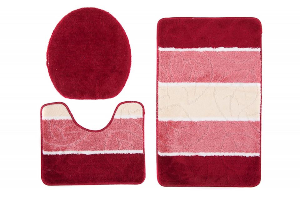 Set di 3 tappetini da bagno MULTI C5019 RED - antiscivolo, a righe, rosso, crema