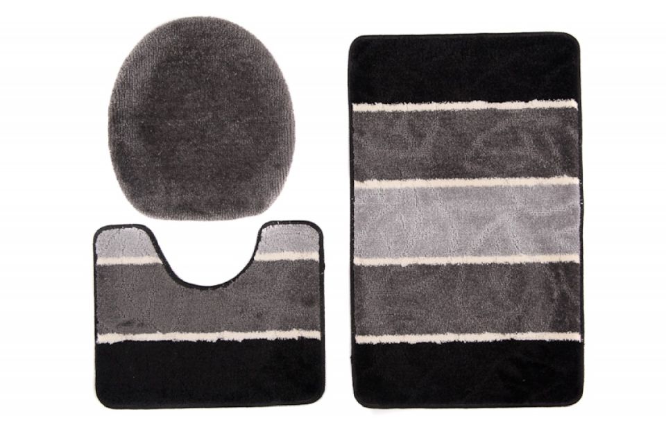 Set di 3 tappetini da bagno MULTI C5132 BLACK GREY - antiscivolo, a strisce, nero, grigio