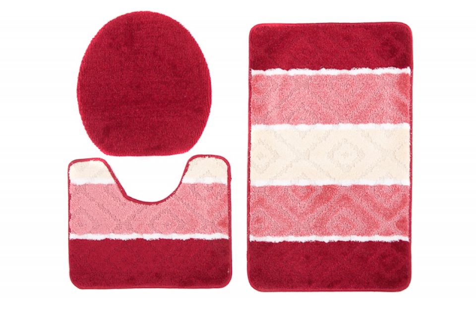 Set di 3 tappetini da bagno MULTI C5132 RED - antiscivolo, a righe, rosso, crema