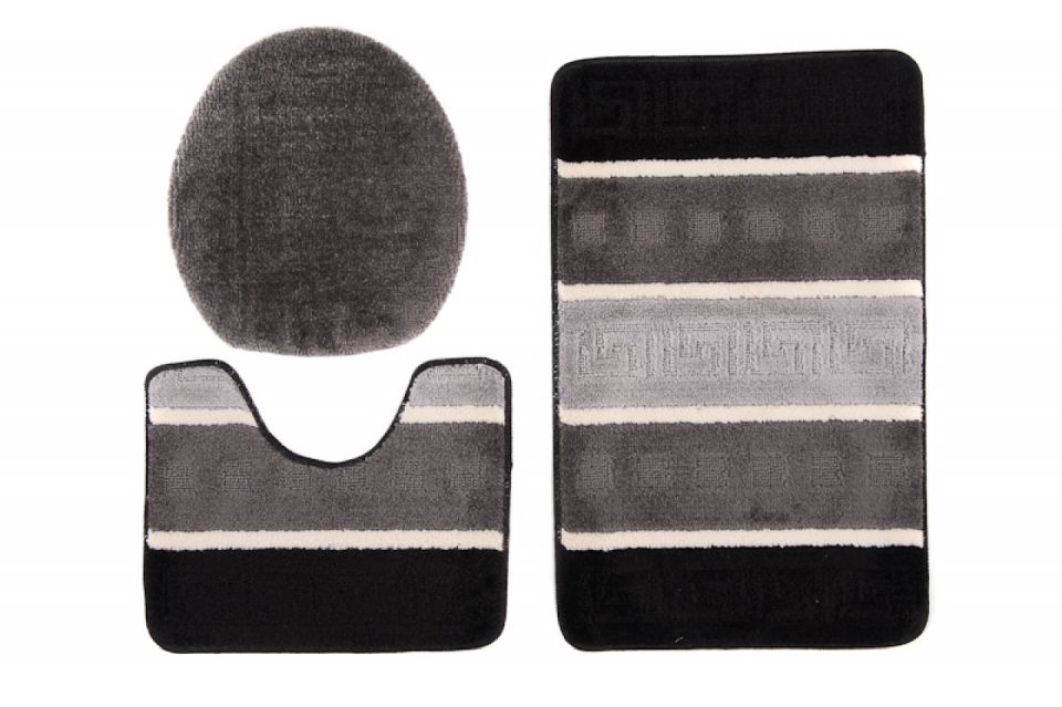 Set di 3 tappetini da bagno MULTI C5016 BLACK GREY - antiscivolo, a righe, nero, grigio