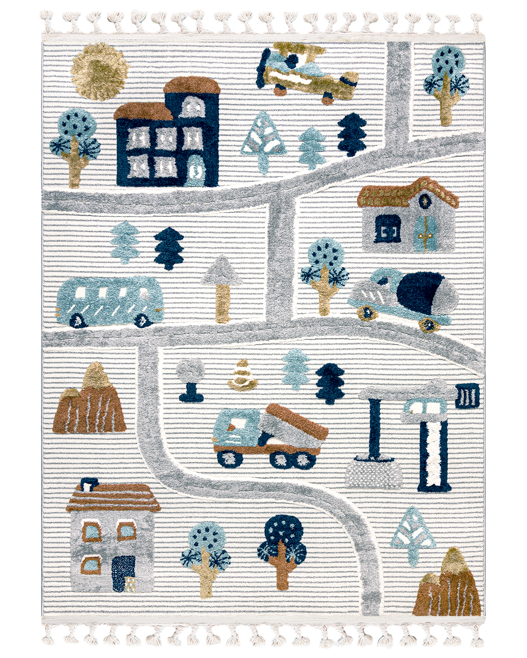 Tappeto per bambini con frange - Buffo Lilu - strade, vie, crema, blu, marrone