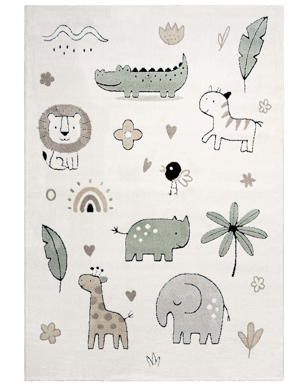 Tappeto per bambini con motivi di animali - Elche Animal - crema, grigio, verde, pelo medio