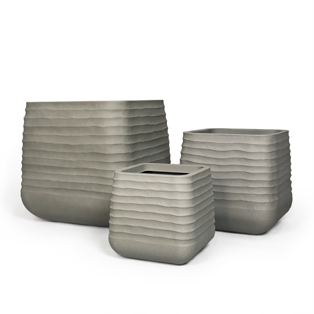 Set di tre vasi da giardino / terrazzo, 3 vasi quadrati – Erba Grey – grigi, opachi, scanalati