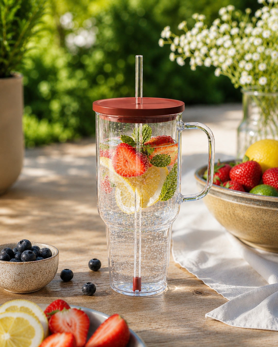 Bicchiere in vetro 1,1 l con cannuccia e coperchio - Gota Transparente - vetro borosilicato con coperchio ambrato