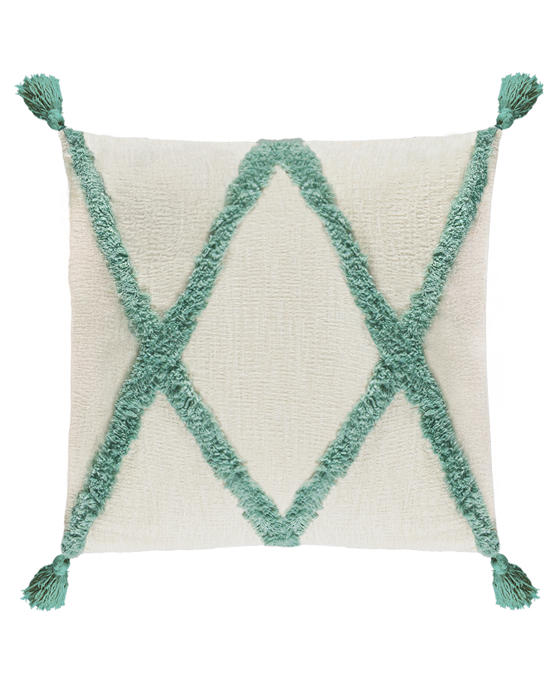 Cuscino decorativo con imbottitura, 45x45 cm - Rombo Menta - con frange, ricamato, color crema, salvia