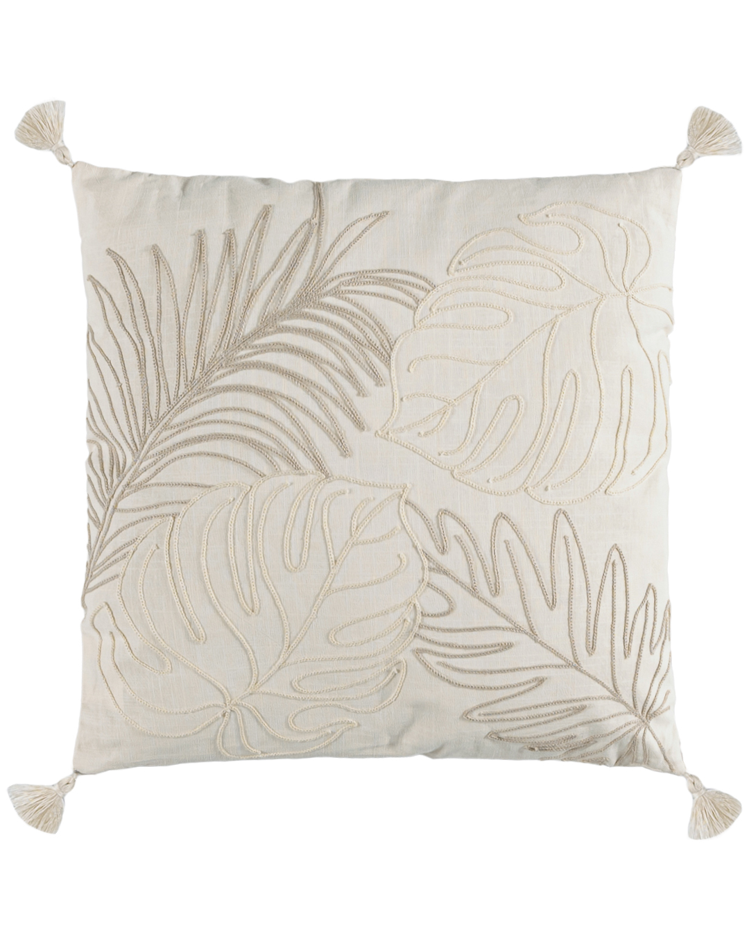 Cuscino decorativo con imbottitura, 45x45 cm - Monstera Crema - con frange, motivo floreale, beige