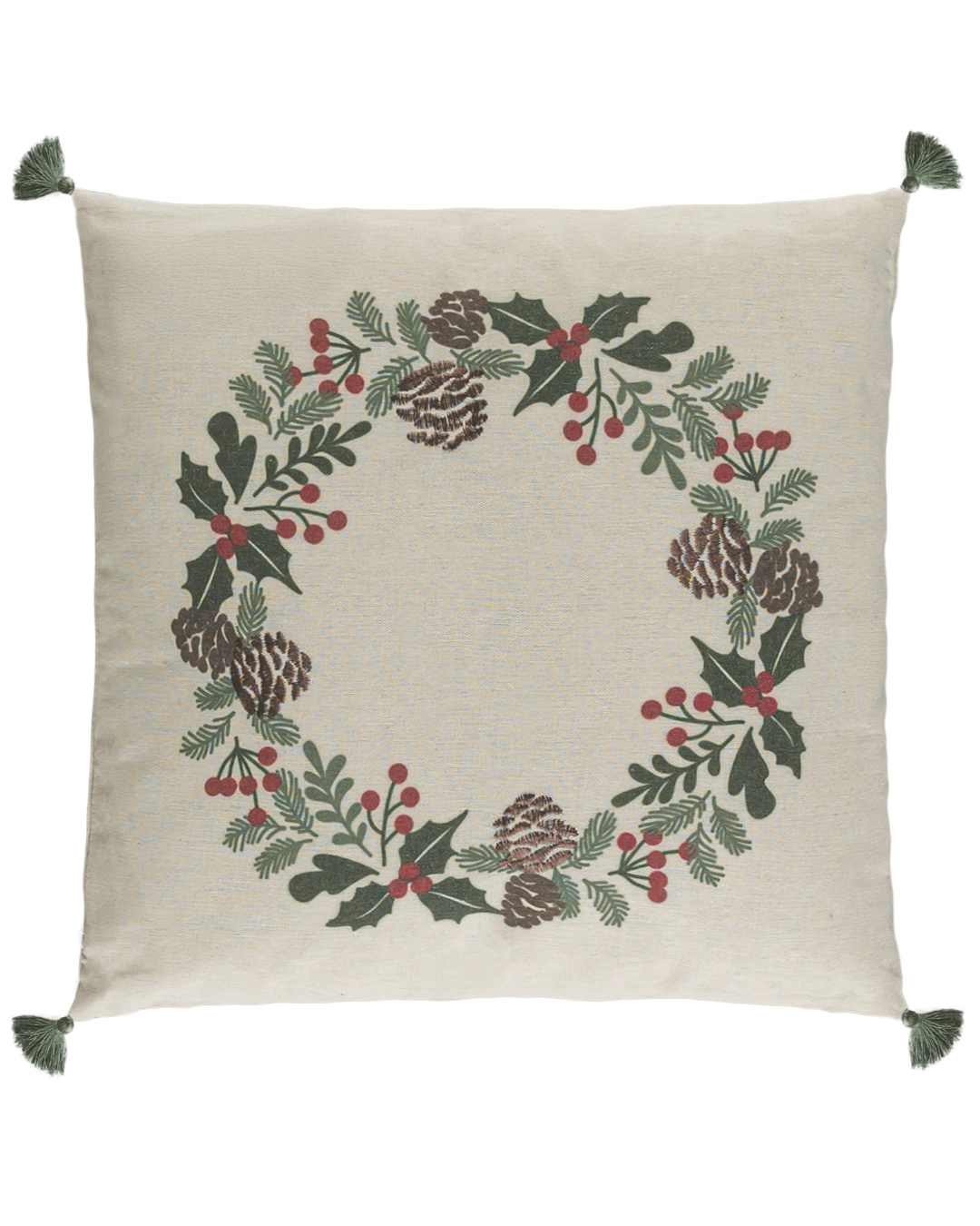 Cuscino decorativo con imbottitura, 45x45 cm - Canto Dono - con frange, natalizio, vischio, color crema