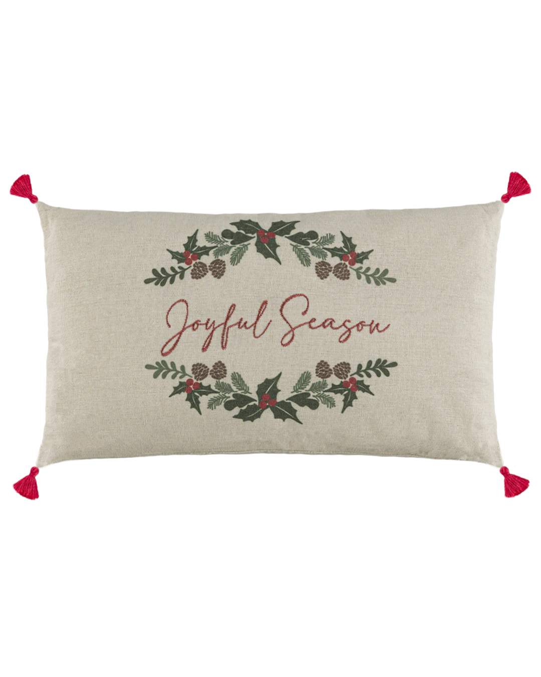 Cuscino decorativo con imbottitura, 30x50 cm - Canto Rami - con frange, natalizio, vischio, color crema