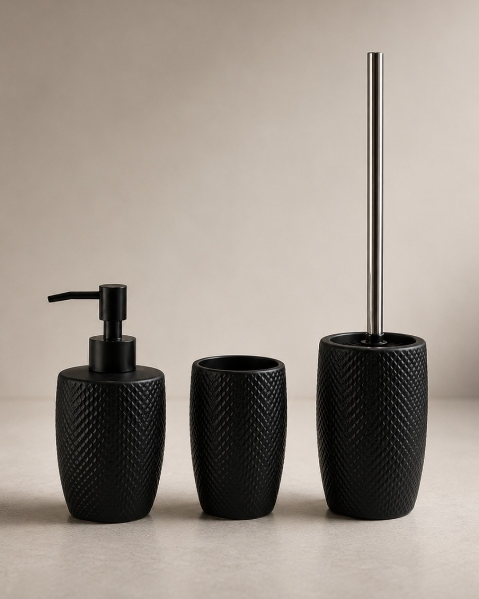 Set da bagno Pura - portaspazzolini, dispenser per sapone e scopino per WC - nero, moderno