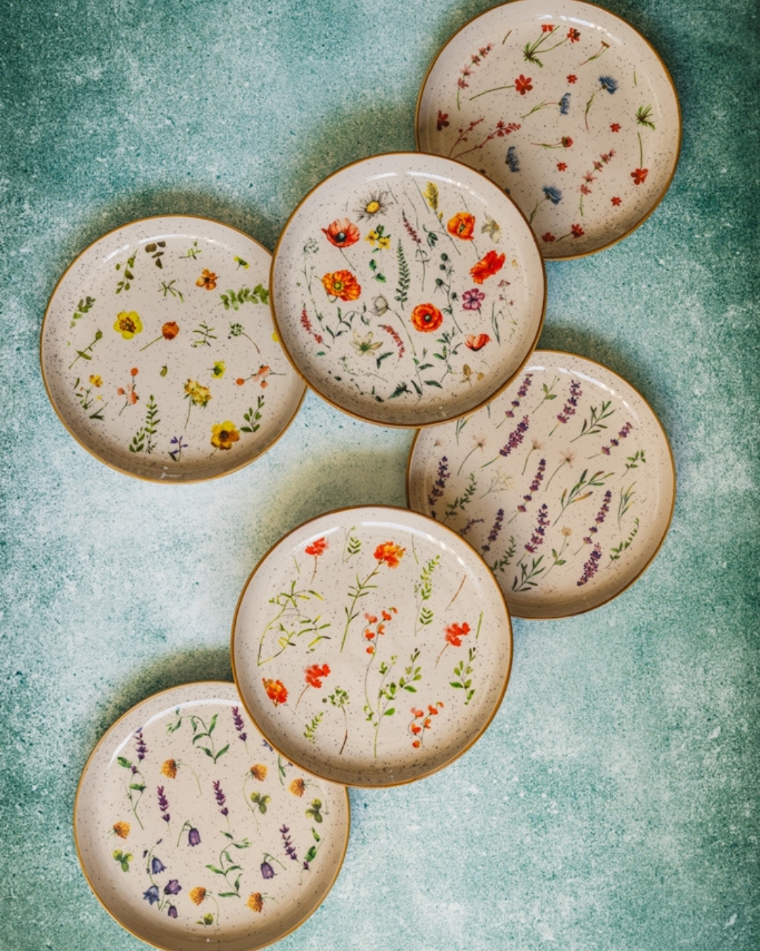 Piatti da dessert, rotondi 19,5 cm set 6 pezzi - Fiori Ilaria - beige, fiori di campo, motivo floreale, mix di fantasie