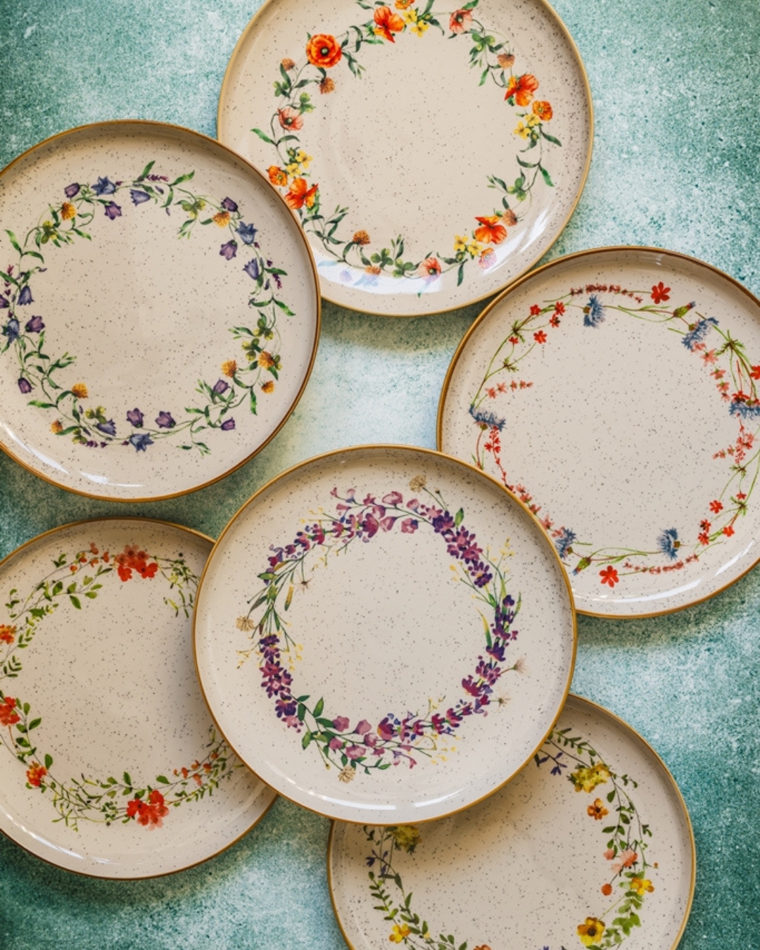 Piatti piani, rotondi 27 cm set 6 pezzi - Fiori Gusto - beige, fiori di campo, motivo floreale, mix di fantasie
